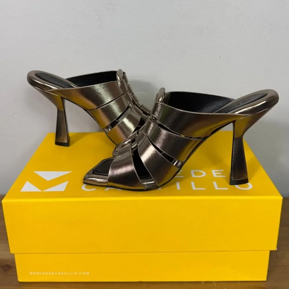 Mercedes Castillo Aria High-Heel Slide Sandals, Tungsten Metallic Leather Size 8